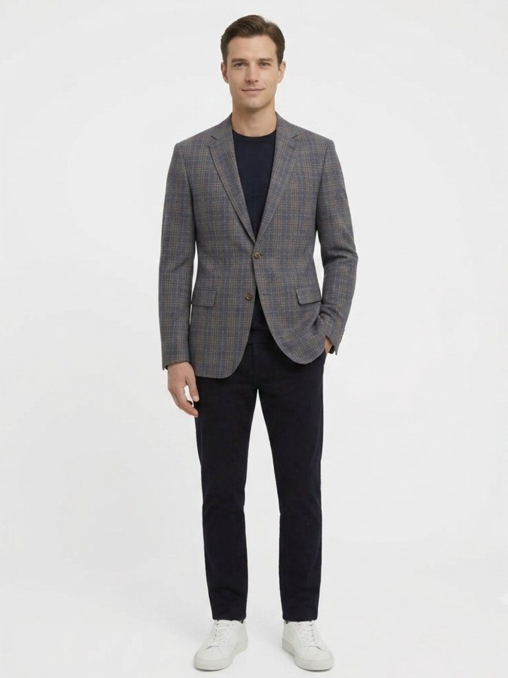 Pierre Cardin Navy Pink Plaid Wool Blend Blazer Sport Coat 42R/L